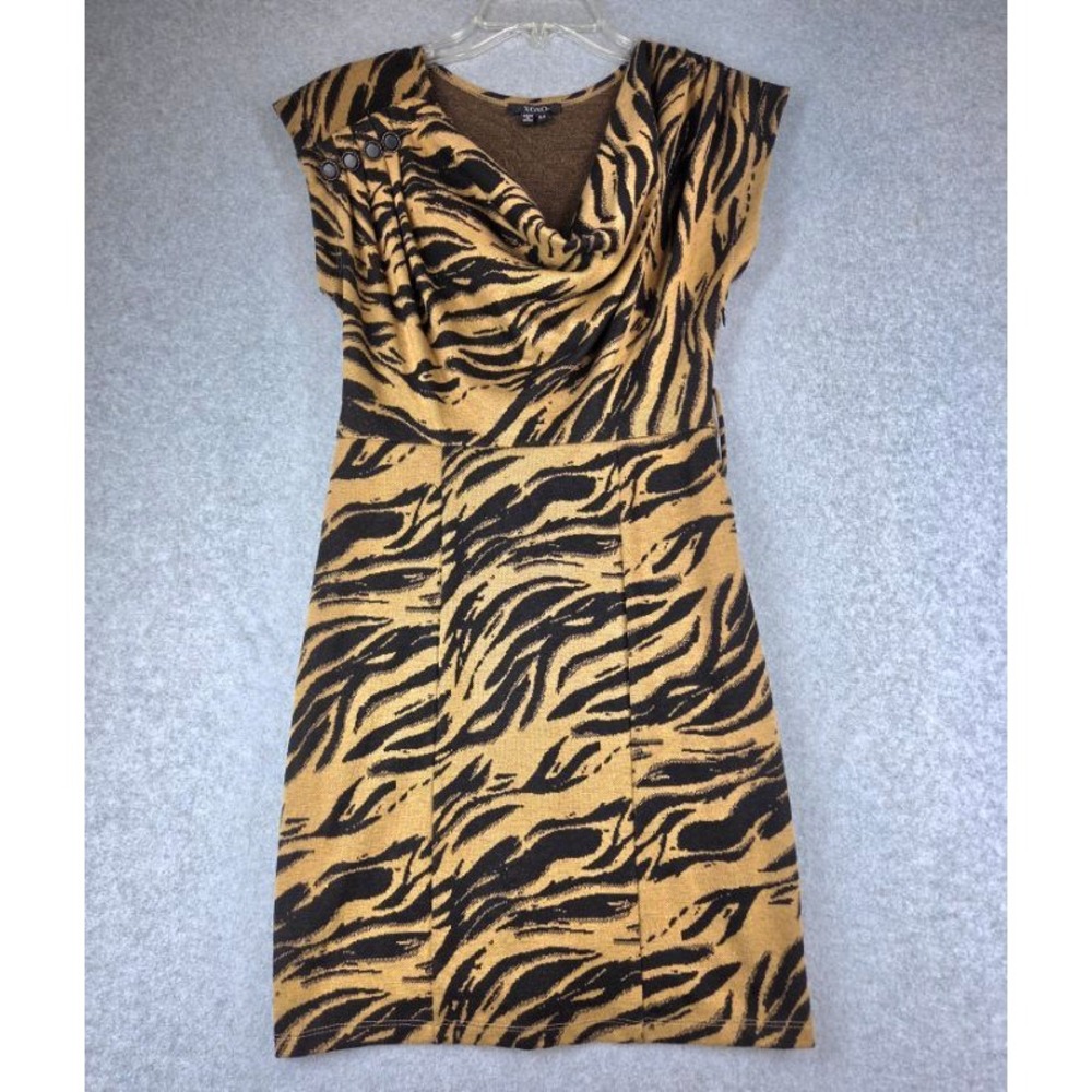 XOXO Women Brown Black Tiger Stripe Cowl Neck Sleeveless Sheath Dress Size M